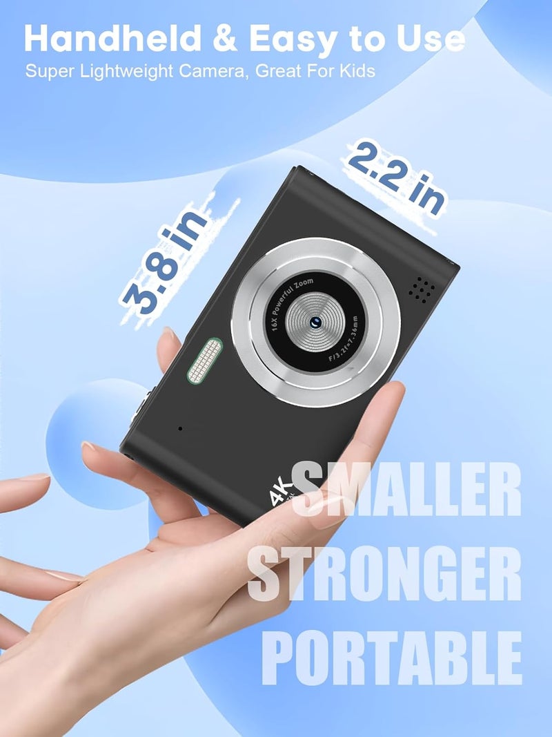 BEARBISU Digital Camera, 44MP Full HD 1080P Point and Shoot Camera with 64GB Card, Anti Shake 16X Zoom Compact Volg Cameras, Portable Small Camara Gift for Kids, Ages Teen Girl Boy - Black - Image 3